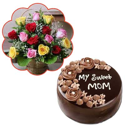 "Round shape Chocolate cake - 1kg, Mixed Roses Flower Basket - Click here to View more details about this Product